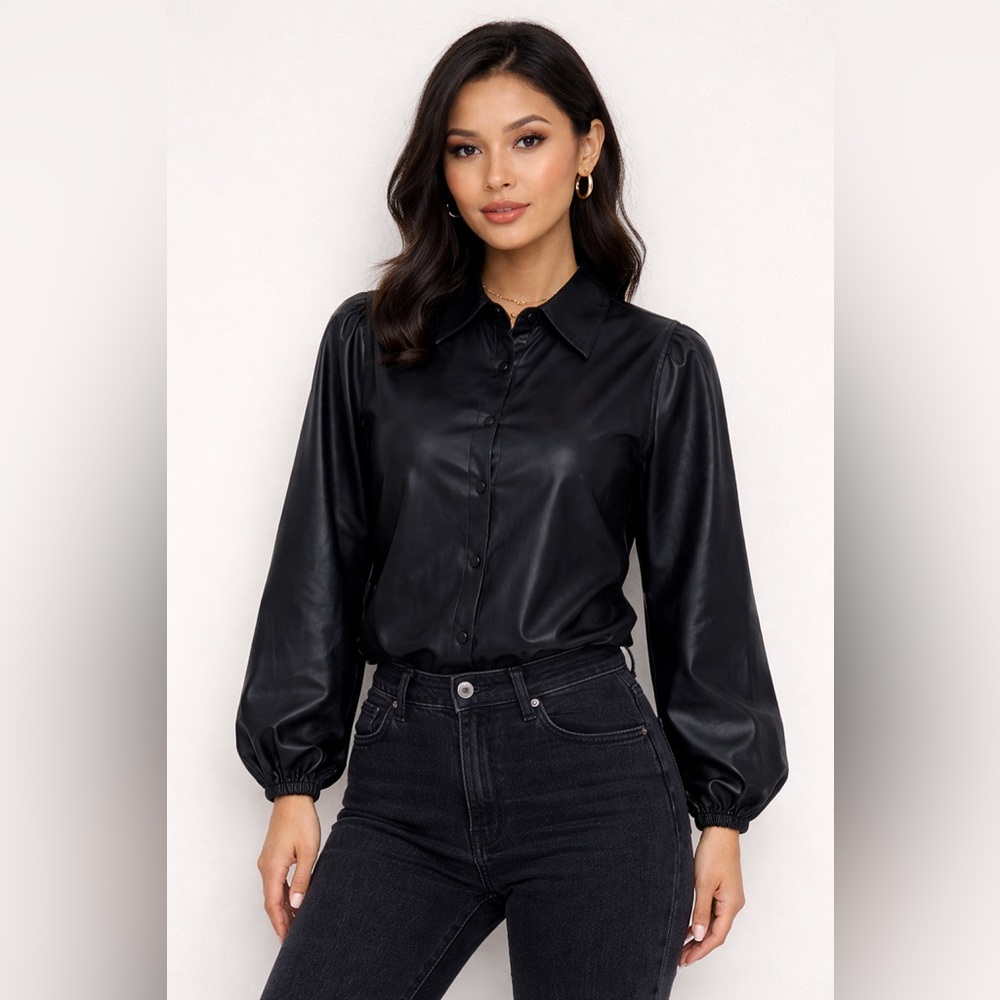 NWOT Deluc Black Faux Leather Puff Sleeve Button Front Blouse XS Oversized